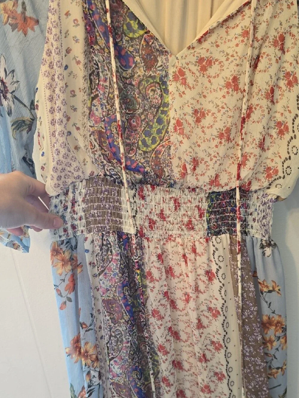 Boho Floral Patchwork Midi Dress in Light Blue